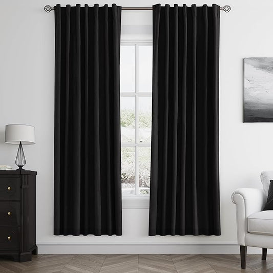 Guken Black 100% Blackout Curtains 72 Inch Length 2 Panels Set for Living Room Bedroom Back Tab Thermal Insulated 100% Black Out Linen Drapes Room Darkening Window Curtains 72 Inches Long