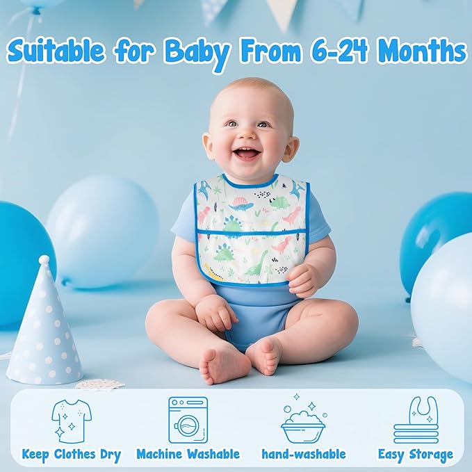 2ooya 6Pcs Baby Bibs for Eating Toddler Adjustable Feeding Bibs with Crumb Catcher Pocket Waterproof Sleeveless Teething Plastic Food Bib Set Infant Keepsake Gift for Baby Shower, 6-24 Months