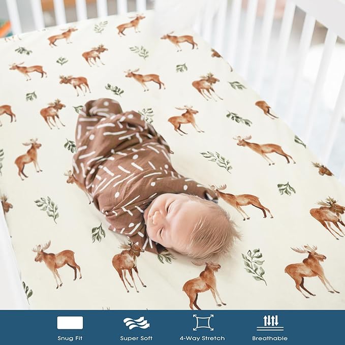 GRSSDER Stretch Ultra Soft Jersey Knit Fitted Crib Sheets Set 2 Pack, Universal Fit All Standard Crib Mattress Pads Safe and Snug, Crib Fitted Sheet with Deep Pocket, Original Design for Unisex Baby