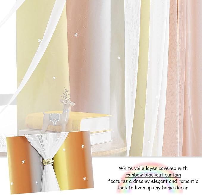 NICETOWN 2 Panels Star Blackout Curtains for Kids Girls Bedroom Aesthetic Living Room Colorful Double Layer Cut Out Rainbow Window Home Decoration Curtain, Yellow & Orange & Grey, W52 x L84