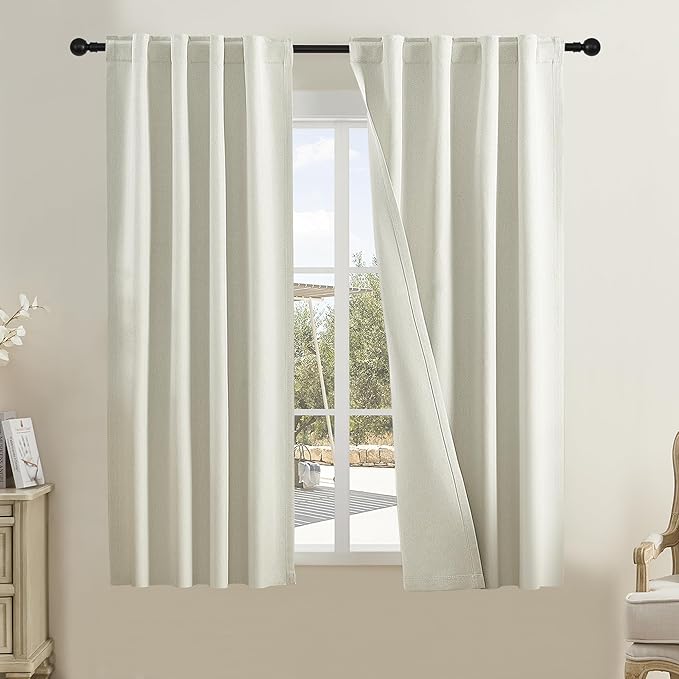 DUALIFE Small Window Kitchen Curtains 54 Inch Length Natural Birch Curtain 2 Panels Thermal Insulated Flax Linen Drapes Neutral Modern Boho Black Out Curtains Natural Color 34" W x 54" L