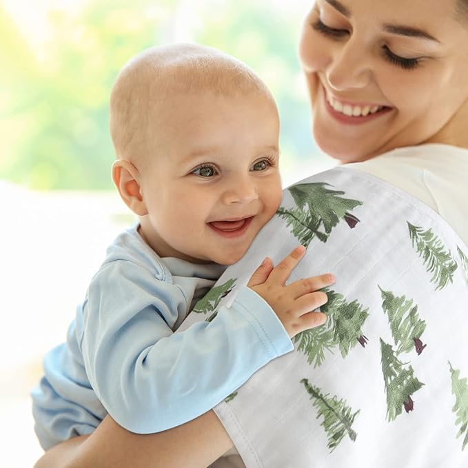 LifeTree Muslin Baby Burp Cloths - Soft 2 Pack Viscose from Bamboo Cotton Large 22'' by 10'' Absorbent Milk Spit Up Rags - Burping Cloths for Newborn, Girls Boys, Woodland Animals & Pine Tree