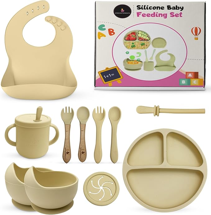 SprocketSprouts 12-Piece Silicone Baby Feeding Set – Suction Bowl, Divided Plate, Bib, Utensils & More – BPA-Free Toddler Mealtime Essentials for Self-Feeding & Baby-Led Weaning