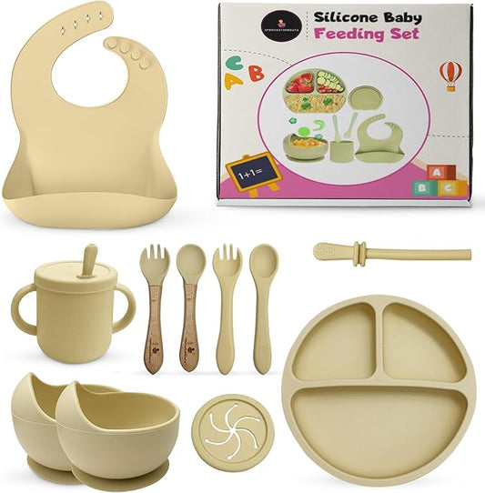 SprocketSprouts 12-Piece Silicone Baby Feeding Set – Suction Bowl, Divided Plate, Bib, Utensils & More – BPA-Free Toddler Mealtime Essentials for Self-Feeding & Baby-Led Weaning