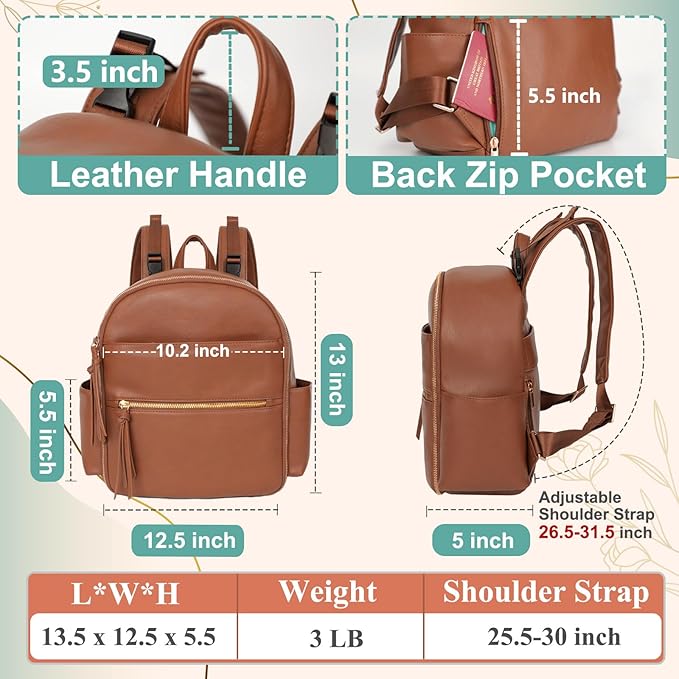 MOMINSIDE Small Diaper Bag Backpack, Mini Diaper Bag with 11 Pockets, Leather diaper backpack, Baby Diaper Bag for Baby Girls, 2 Insulated Pockets, Stroller Straps (Brown)