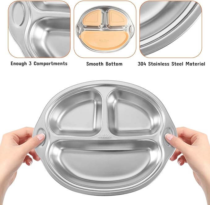 Mrs. Chou Stainless Steel Baby Suction Plates Divided Plates for Babies and Toddlers, Made of 100% Food-Grade Materials Ideal for Baby-Led Weaning BPA-Free Toddler Feeding Dishwasher Safe Orange-pink
