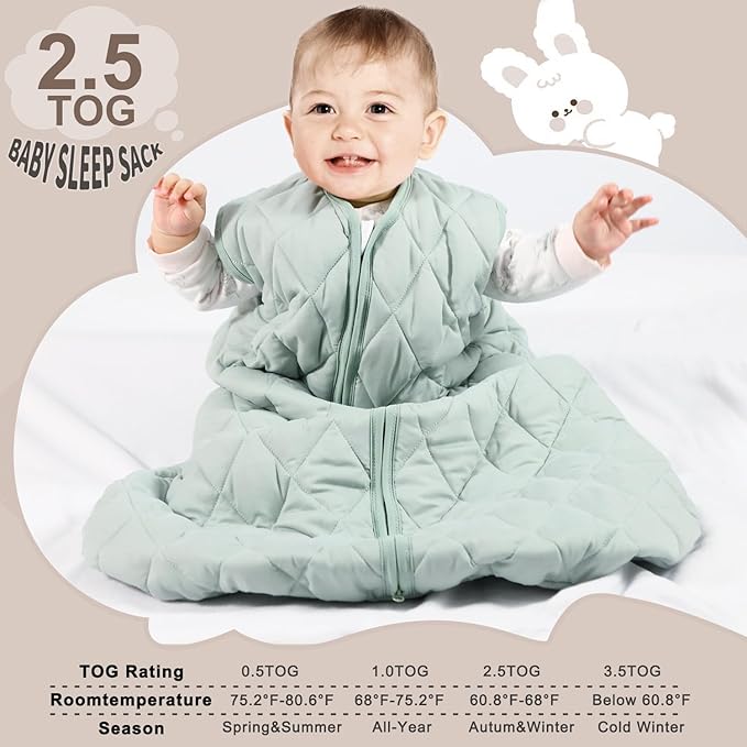 BSTOPPT Baby Sleep Sack TOG 2.5 Winter Baby Wearable Blanket, Infant Sleeping Sack 2-Way Zipper Warm Quilted Sleepsack (Green, Small)