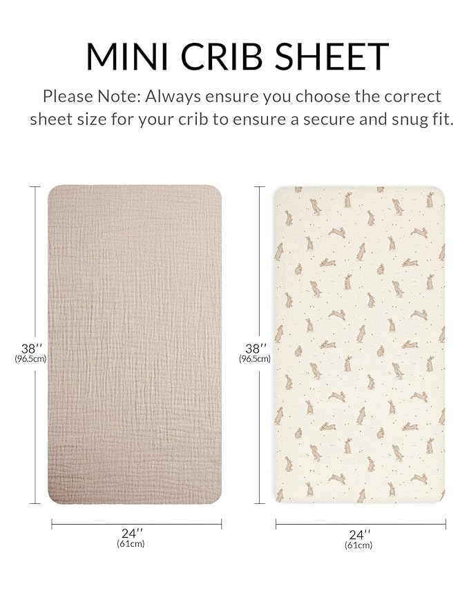 Mini Crib Sheets for Baby Boy Girl 2 Pack, Neutral Mini Crib Mattress Sheet 24" x 38", Muslin Nursery Bedding Soft and Breathable Comfort (Hopping Bunnies & Beige)