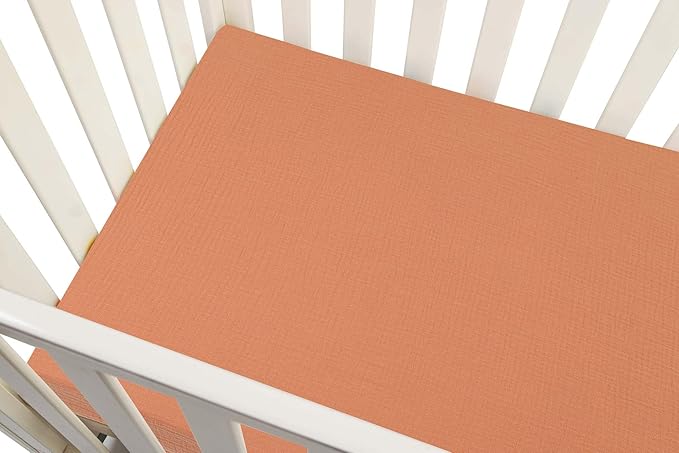 Onacosht Muslin Mini Crib Sheets, 39" x 27" Pack and Play Mattress Sheets Fitted for Pack N Play, Soft Cotton for Boys Girls, 2 Pack, Light Brown and Moon
