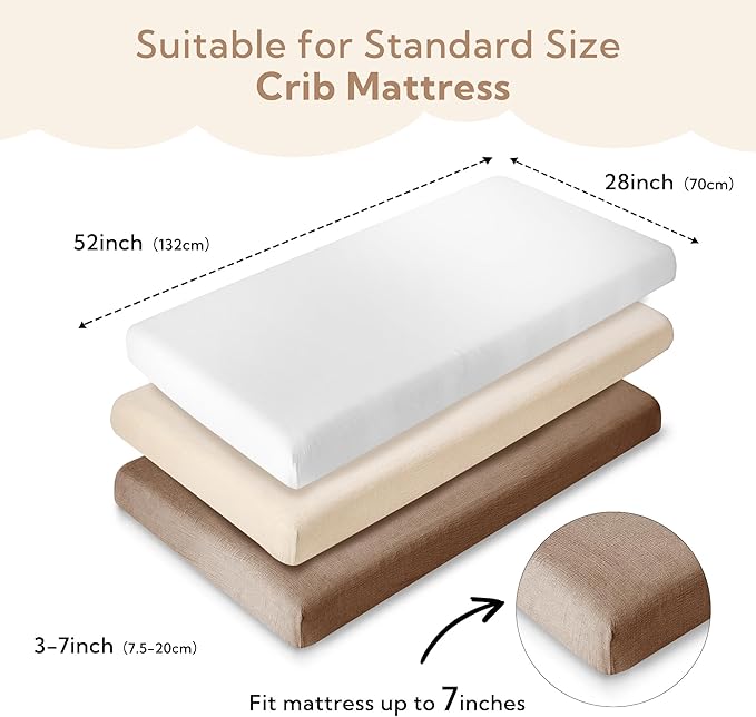 SOULFUL Muslin Crib Sheets for Boys Girls, 3 Pack Soft and Breathable Cotton Fitted Crib Sheets for Standard Crib Mattress (28"x 52", White & Beige & Brown)