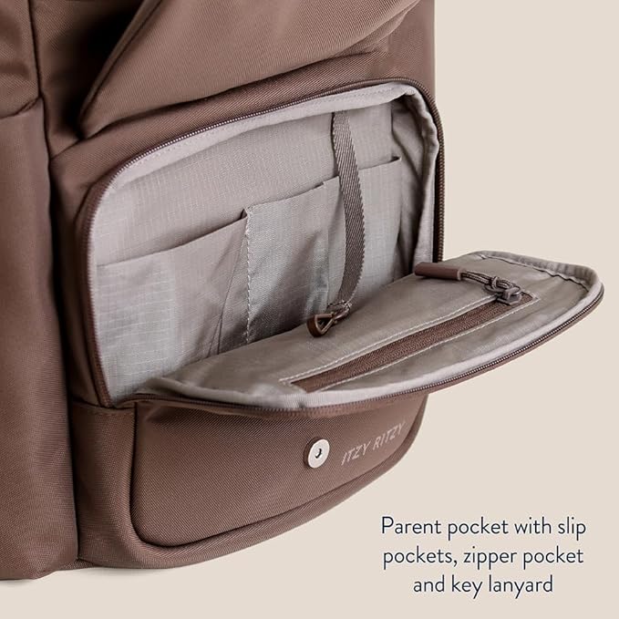 Itzy Ritzy Belong Bucket Backpack – Lightweight Diaper Bag Backpack Featuring 16 Pockets, Bucket Top Opening, Stroller Straps & Changing Pad; Organized and Stylish Everyday Family Backpack (Mocha)
