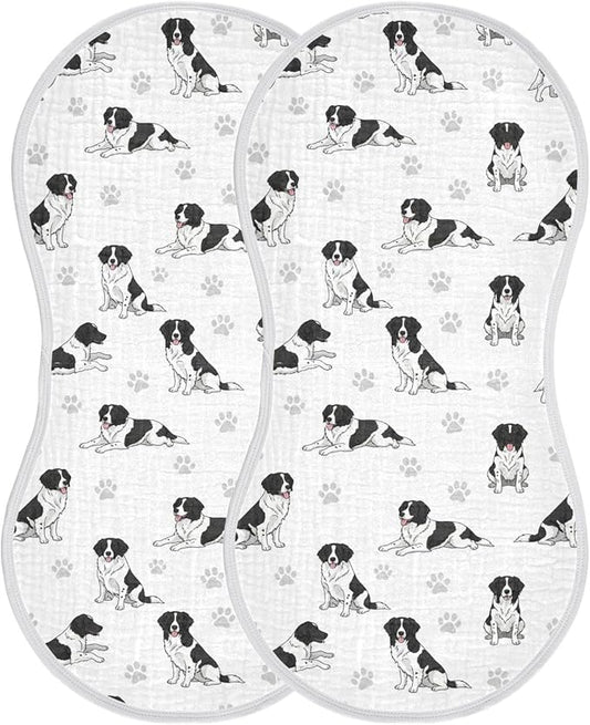 Qinllo 2 Pack Muslin Burp Cloths Collie Dogs Cute White Cotton Baby Burp Cloths Ultra Absorbent Soft Burping Cloth Washcloths for Baby Boys Girls 22x11 Inch