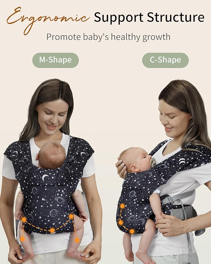 HEYVALUE Baby Carrier Newborn to Toddler(7-35lbs), Ergonomic Cross-Back Wraps with Adjustable Straps, Newborn Carrier with Effortless Put-On, Head Support for Hands-Free Comfort, Black Galaxy