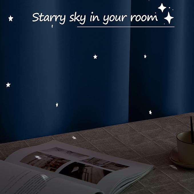 NICETOWN Kids Curtains Punched Out Stars, Moroccan Blue Star Curtains for Girls' Bedroom, Thick and Soft Room Darkening Shade for Baby Nursery, (W34 x L45 Inches, 2 Panels)