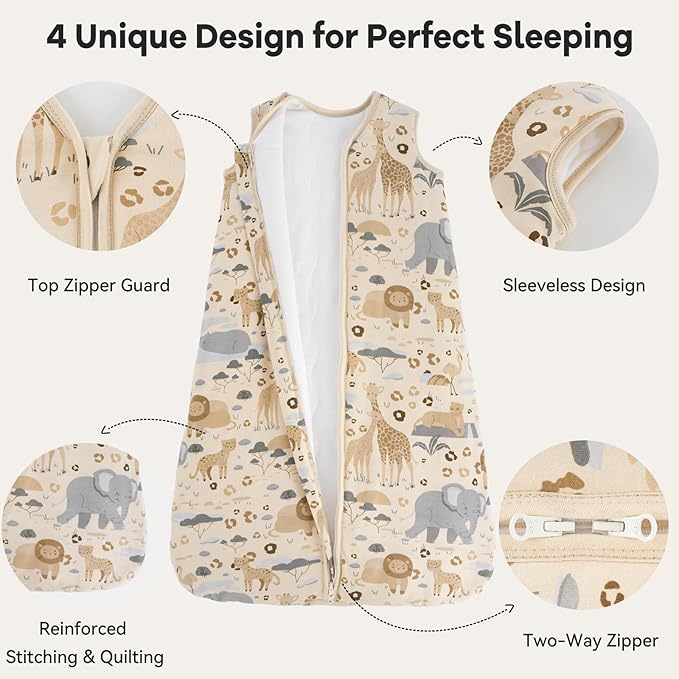 Unnivoll Baby Sleep Sack 0-6 Months TOG 2.5 Winter Baby Wearable Blanket, 100% Cotton Toddler Sleeping Sack with 2-Way Zipper Warm Soft Apricot Zebra