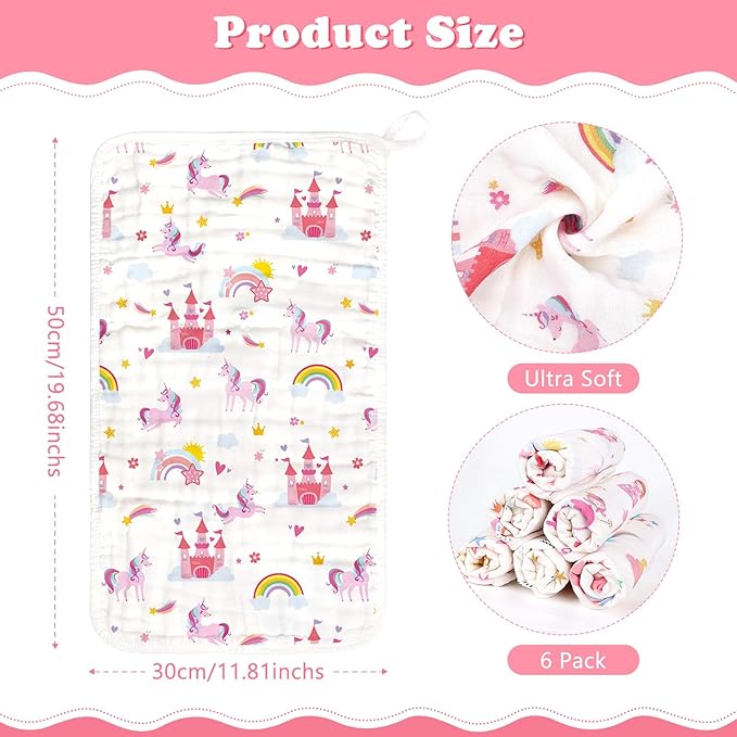decalsweet Baby Burp Cloths Muslin Washcloths 6 Pack Muslin Burp Cloths 100% Cotton Large 20''x12'' Soft 6 Layers Baby Burp Rags for Boys Girls Baby Essentials for Newborn Gift Machine Washable