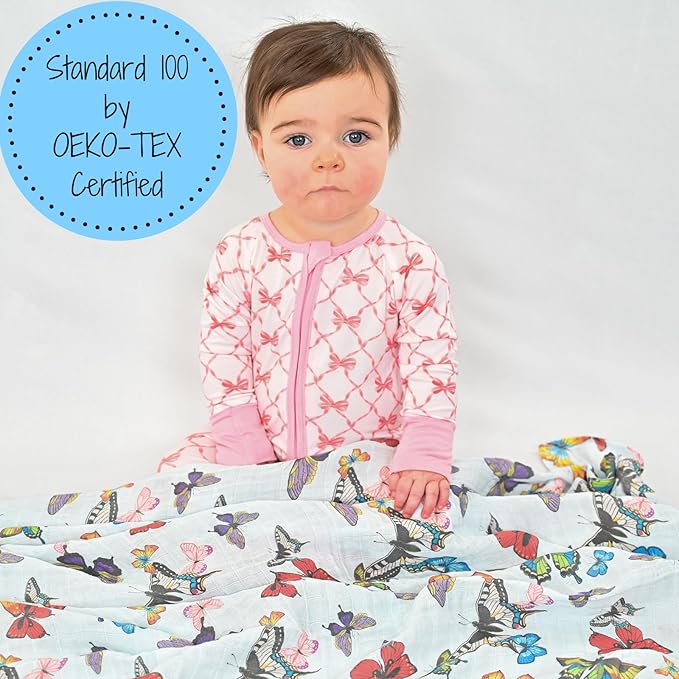 LollyBanks Baby Blanket for Girls, Large 47 x 47 Inches Soft Muslin Swaddle Blankets, 100% Cotton Breathable and Lightweight Baby Receiving Blankets, Registry (Butterfly Print)
