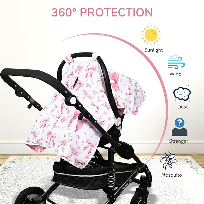 Baby Car Seat Cover, Peekaboo Opening Car Seat Canopy for Baby Girls Boys, Mom Nursing Breastfeeding Covers, Blanket for Infant, Pink Rose