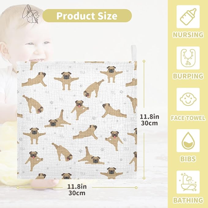vvfelixl Baby Cotton Washcloths Pug Dog Infants Bath Towel for Unisex Face Towels for Newborn, Natural Baby Wipes Delicate Skin, 11.8 X 11.8 inch, one sizex3