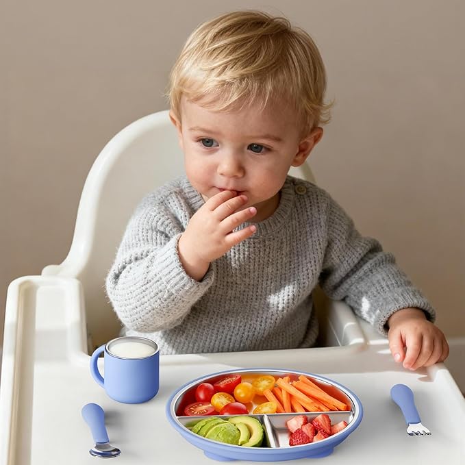 Bakpoco Stainless Steel Suction Plates for Toddlers, 8" Divided Kids Baby Plates with Removable Silicone Suction, Non Toxic Non Slip Portion Control Snack Dishes 3 Packs, Blue Gray Beige