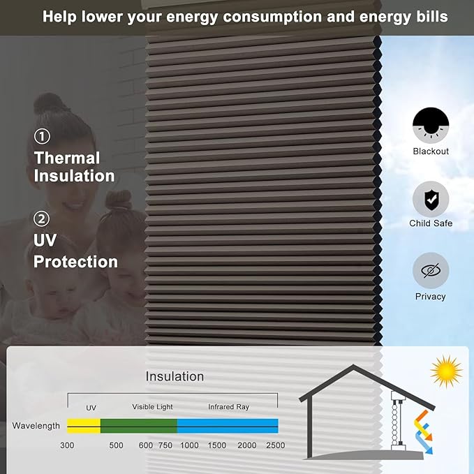 Changshade Cordless Blackout Cellular Shades for Indoor Windows Doors, Black Out Room Darkening HoneyComb Blinds Thermal Insulated 1.5 Inch Cell for Home, Bedroom, Bathroom, Nursey, 42"W×64"H, Taupe