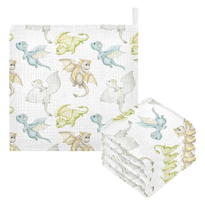 vvfelixl Baby Muslin Washcloths Watercolor Dragons Cartoon Style Baby Burp Cloths Cotton Baby Face Towel for Newborn Infants Boys Girls Soft and Absorbent 11.8 X 11.8 in, 3 Pack