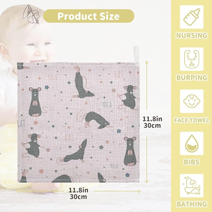 vvfelixl Rat Yoga Poses Baby Burp Cloths Baby Muslin Washcloths for Boys Girls Cotton Baby Face Towel for Newborn Infants Soft and Absorbent 11.8 X 11.8 in, 5 Pack