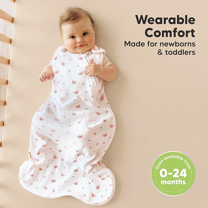 2-Pack Organic Baby Sleep Sacks, 100% Cotton - Soft & Breathable 0.5TOG Baby Wearable Blanket, Toddler Sleeping Sack 6-18 months, Easy to Wear Transitional Swaddles for Newborns (Butterflies, M)