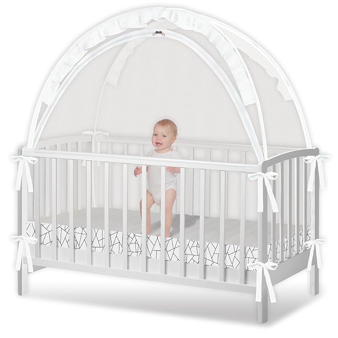 Crib Tent - Crib Net to Keep Baby in, Stop Baby from Climbing Out of Crib, Pop Up Crib Tent with Durable Breathable Net Double Zipper Strong Rods Installation Convenience (Black Line, Large)