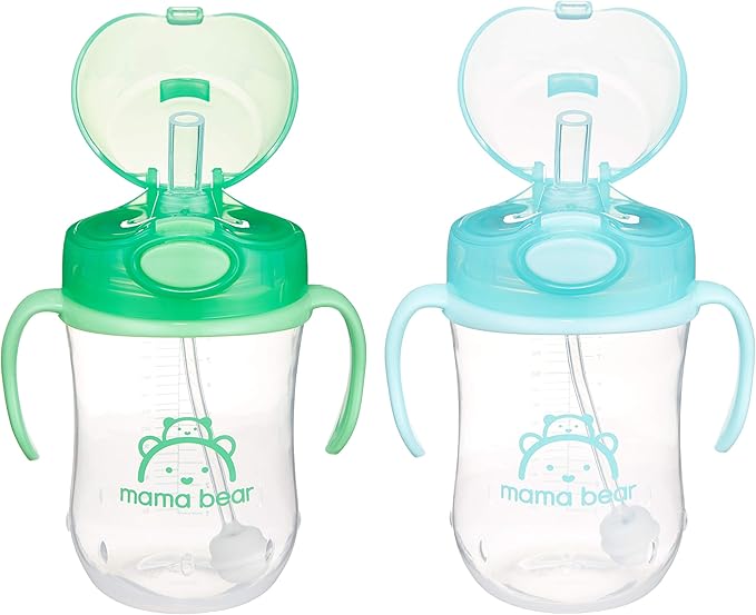 Amazon Brand - Mama Bear Silicone Weighted Straw Sippy Cup, 9 Ounces, Blue/Green (Pack of 24)