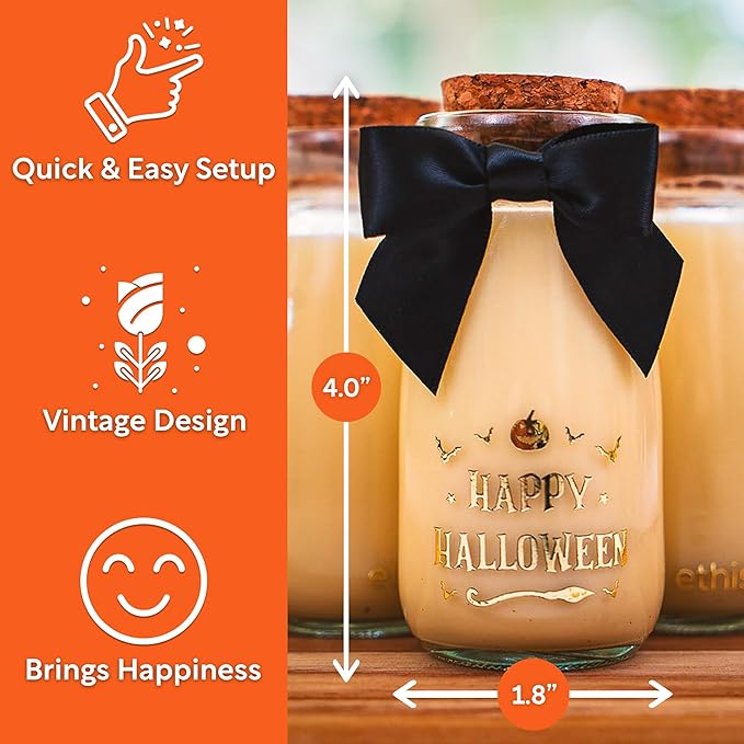 Ethisa Vintage 12 Pack Halloween Glass Jars with Ribbons and Stickers - Candy Party Favors for Trick or Treat - Halloween Party Favors and Table Centerpieces Decorations - Halloween Theme Potion Jars