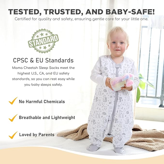 Mama Cheetah Toddler Sleep Sack with Feet 2T, 2.5 TOG Organic Cotton Baby Sleeping Bag with Legs, Winter Baby Wearable Blankets for Early Walker M
