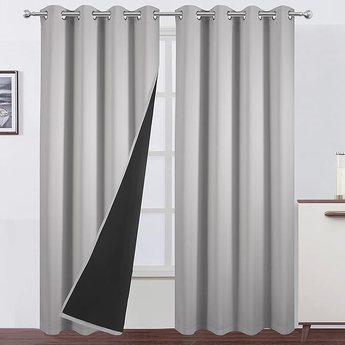 LEMOMO 100% Blackout Curtains 52 x 84 Inch/Light Grey Curtains 2 Panels with Black Lining Room Darkening Thermal Insulated Bedroom Curtains