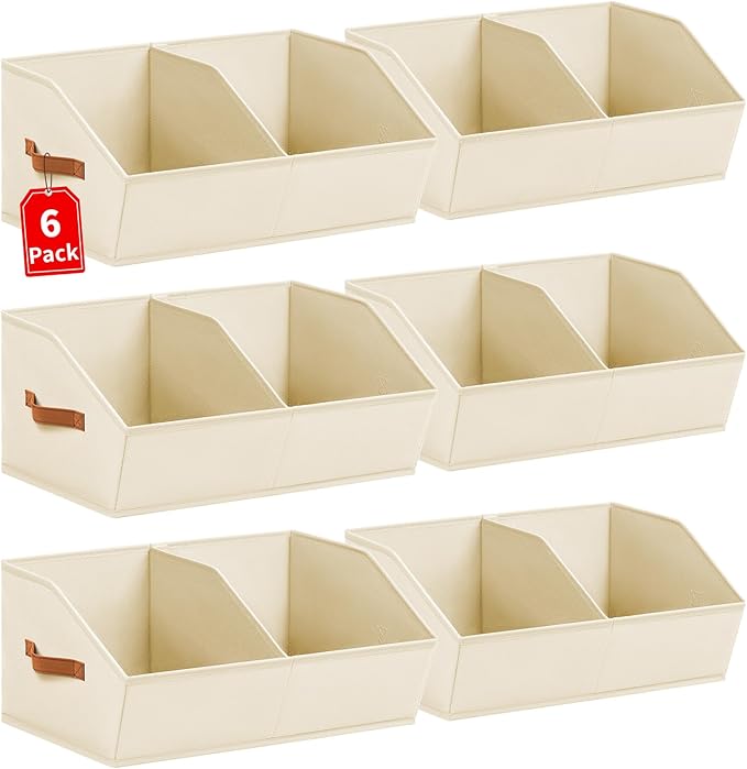 Closet Organizers and Storage Bins - 6 Pack Collapsible Divided Trapezoidal Cube Storage Bins Baskets with Orange Handle for Organizing Clothes Blankets, Toys, Books, Towels(Beige)