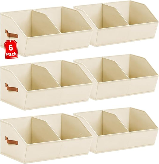 Closet Organizers and Storage Bins - 6 Pack Collapsible Divided Trapezoidal Cube Storage Bins Baskets with Orange Handle for Organizing Clothes Blankets, Toys, Books, Towels(Beige)