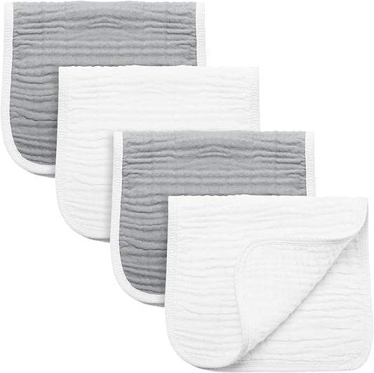 Synrroe Burp Cloths Large, Muslin Burp Cloths for Baby Girls and Boys, Pack of 4 Extra Absorbent and Soft Muslin, 6 Layers 20 by 10 Inches 100% Cotton (Grey-White 4 Pack)