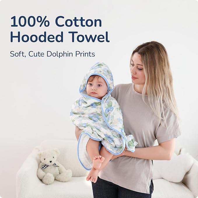 Muslin Hooded Baby Towels 2 Pack, Ultra Soft & Absorbent Baby Bath Towels, Bath & Beach Essentials, Shower Gifts for Newborns, Babies, Infant, Toddler - 32x32 Inch (Floral & Blueberry)
