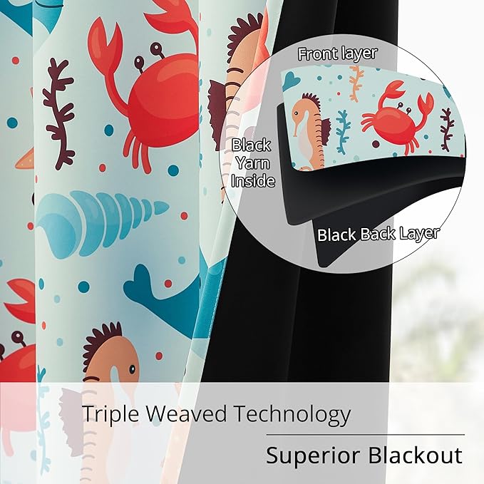 Kids Blackout Curtains - Ocean Whale Design, 100% Blackout, 2 Panels, Each W52×L63, Thermal Insulated for Bedroom, Noise Reducing, Excellent Colorfastness, Dive into an underwater adventure