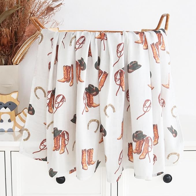LifeTree Muslin Swaddle Blankets, Western Baby Swaddles for Boys Girls Newborn, Soft Large 47" x 47", Cowboy Boot Print Baby Blanket, 70% Viscose from Bamboo and 30% Cotton