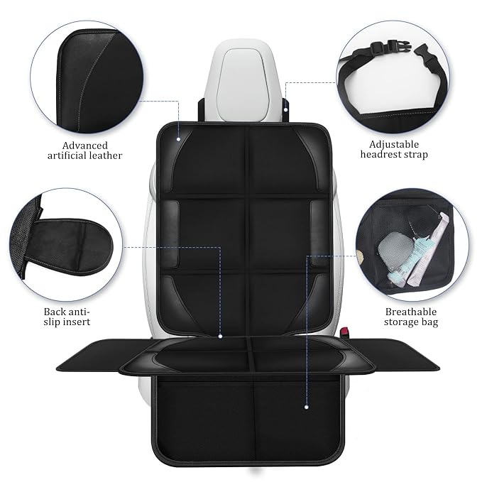 Car Seat Protector Covers - for Child Carseat mat 600d Fabric Waterproof Non Slip Thickest Padding with Storage Pockets Cushion Protectors Large Size Prevent Dirt Scratches Black 1