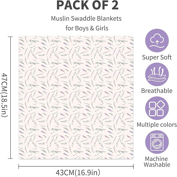 Baby Muslin Swaddle Blankets,2 Pack Receiving Blanket Baby Girl & boy,Large47 x 43 inches,Soft & Skin Friendly Baby Blanket Wrap(Florals)
