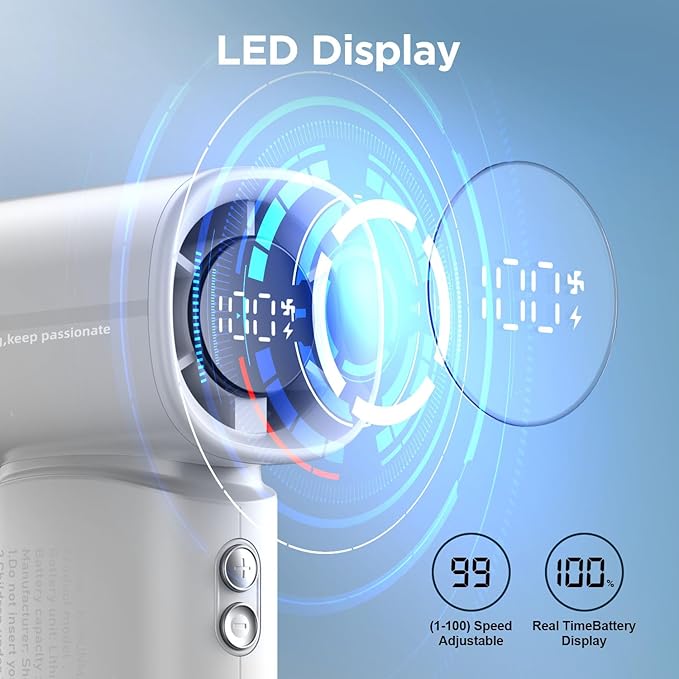 Portable Handheld Turbo Fan, 5 Gear Wind, Battery Operated, Up to 12 Working Hours, LED Display with Air Turbo Tech Cooling Fan for Outdoor Activities, Travel, Beach (Gray)