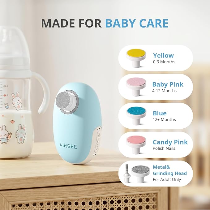 AIRSEE Premium Newborn Gift, Electric Baby Nail File, Cordless Safe Infant Nail Trimmer with 6 Replacement Pads, Magnetic Rechargeable Base, 360° LED Light, Baby Grooming Kit Gift (Light Blue)