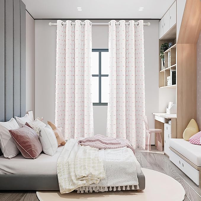 MYSKY HOME 100% Blackout Curtains for Nursery Thermal Insulated Pink Pom Pom Curtains 72 Inch Length for Girls Bedroom 2 Panels Grommet White Sheer Curtains for Dining Room Door, 52W x 72L