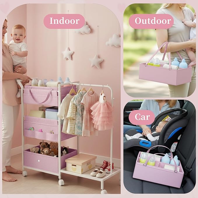Baby Diaper Caddy Organizer - 3 Tier Rolling Cart with Kids Clothing Rack, Mobile Utility Cart with Dividers and Drawers, Large Capacity Storage Cart for Bedroom, Bathroom, Carts with Wheels