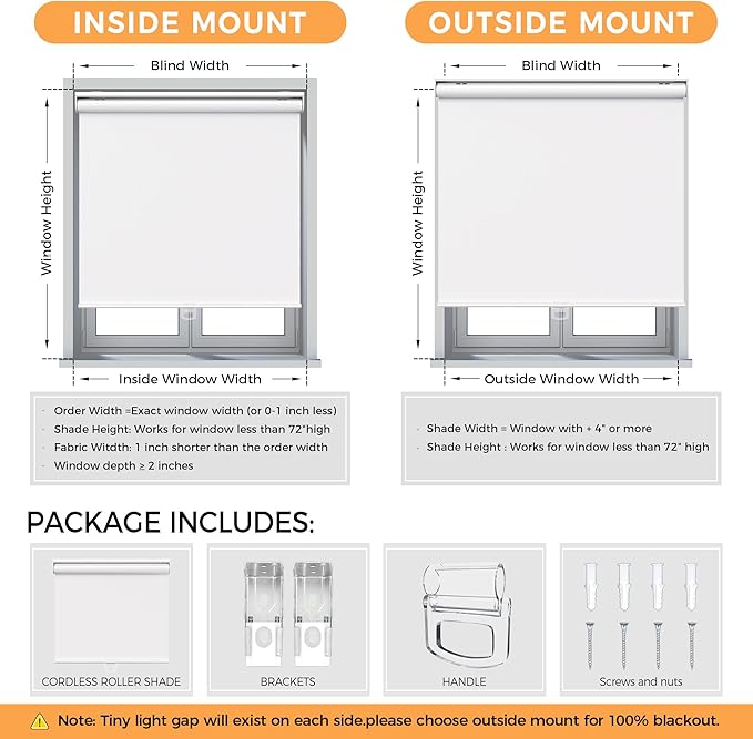 Cordless Roller Shades Blackout Blinds for Windows Room Darkening Rolled Up Shades with Spring System, UV Protection Window Shades Door Blinds for Home and Office (White, 31" W x 72" H)