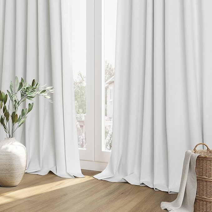 Guken White 100% Blackout Linen Curtains 42 Inch Wide by 96 Inch 2 Panels Set for Living Room Bedroom Back Tab Thermal Insulated Black Out Linen Drapes Room Darkening Window Curtains