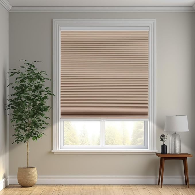 Changshade Cordless Cellular Shades, Blackout Honeycomb Shades for Windows, Pull Down Pleated Blinds, Easy to Install for Indoor Windows and French Doors,23" W x 36" H, Light Brown