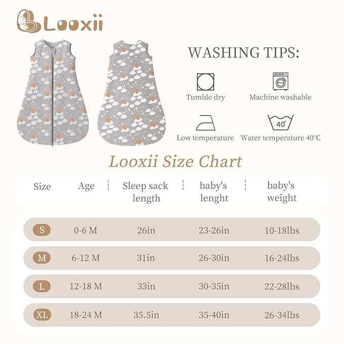 Looxii Baby Sleep Sack 0-6 Months 2.5 TOG Baby Wearable Blanket, Cotton Quilted Newborn Sleeping Bag 2-Way Zipper Warm Toddler Sleeping Sack for Winter