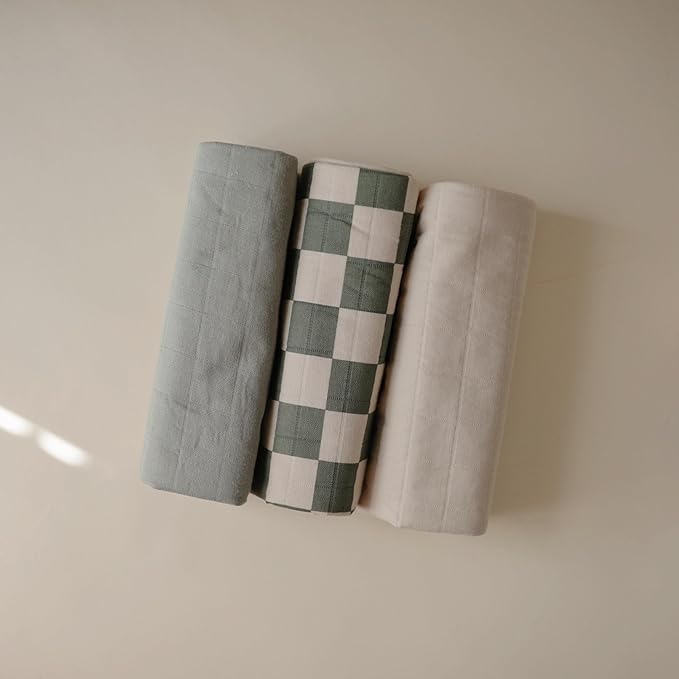 mushie Water Repellent Changing Pad Liners | Made with Organic Cotton | Set of 3 (Olive Check Combo)